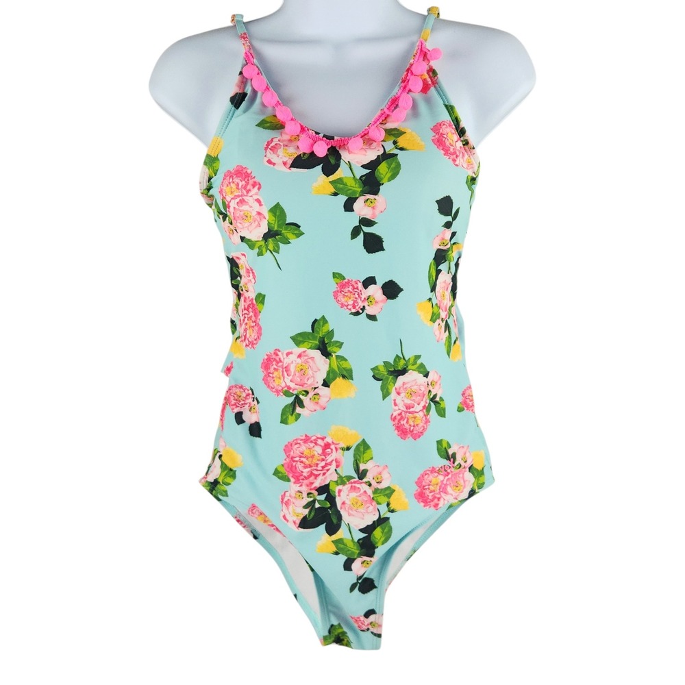 Betsey Johnson One Piece Swimsuit L 12 Blue Pink Floral Pom Pom Trim Coquette